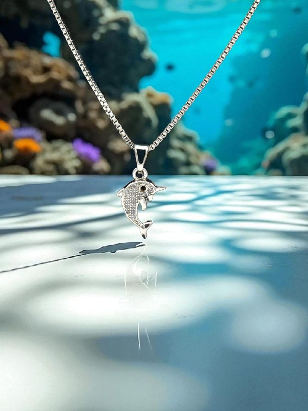Minimalist Dolphin Necklace Rhodium Finish
